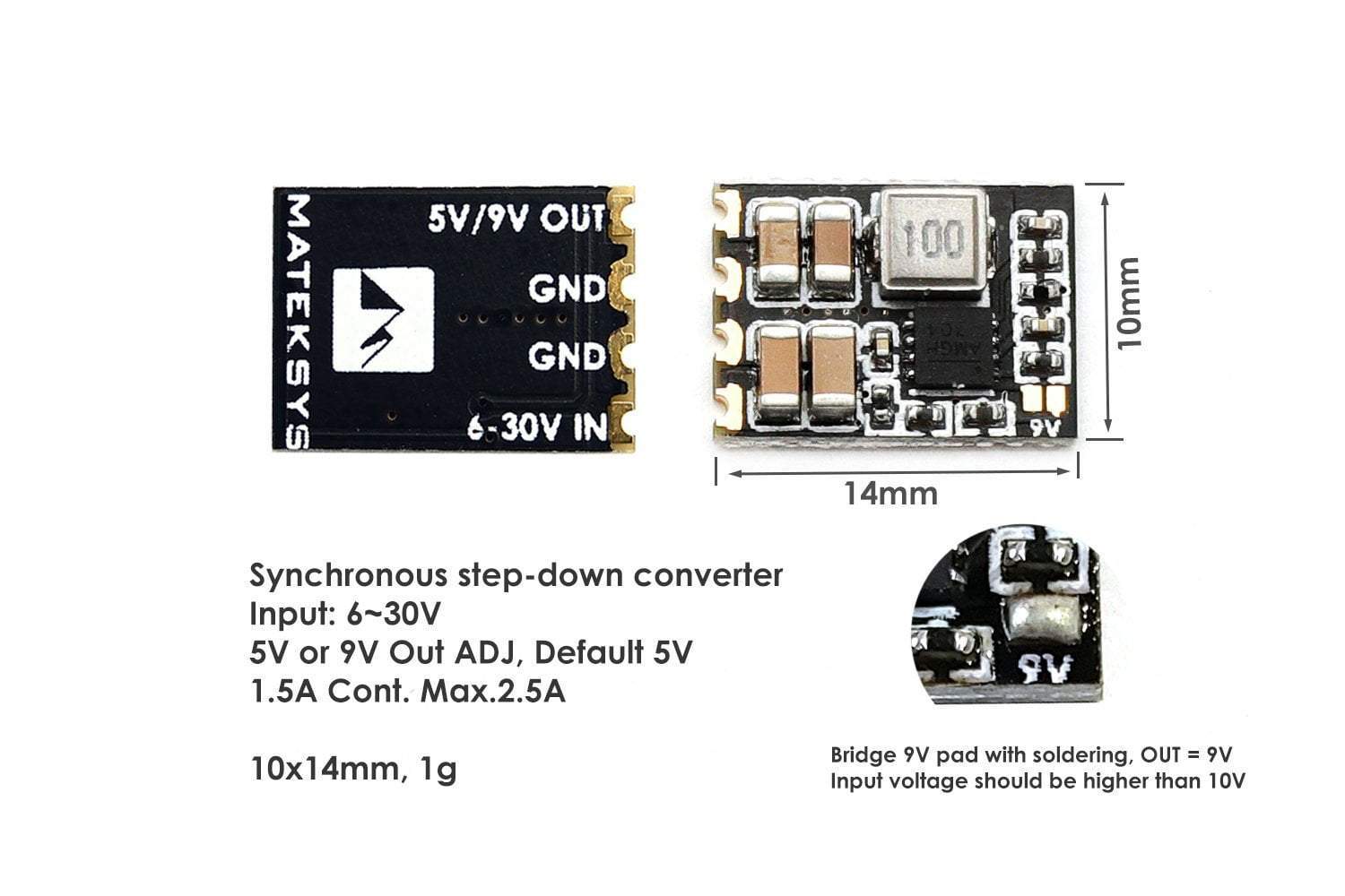 MatekSYS MICRO BEC 6~30V to 5V/9V-ADJ, 3pcs/unit